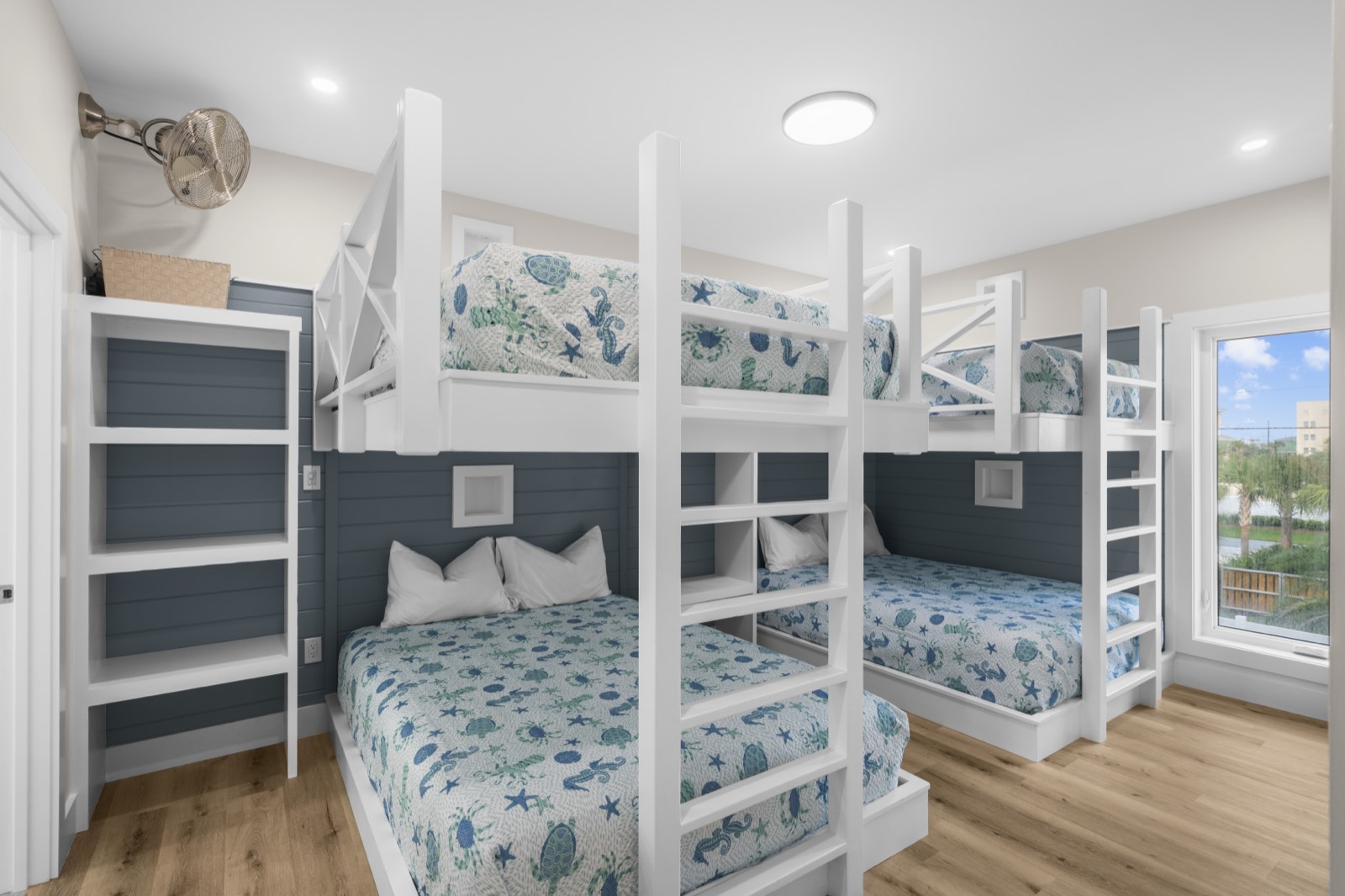Custom bunk room with four built-in beds