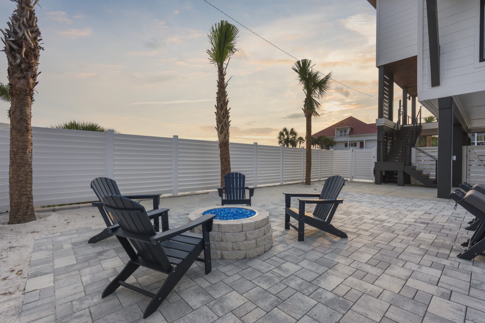 Fire pit gathering area at dusk